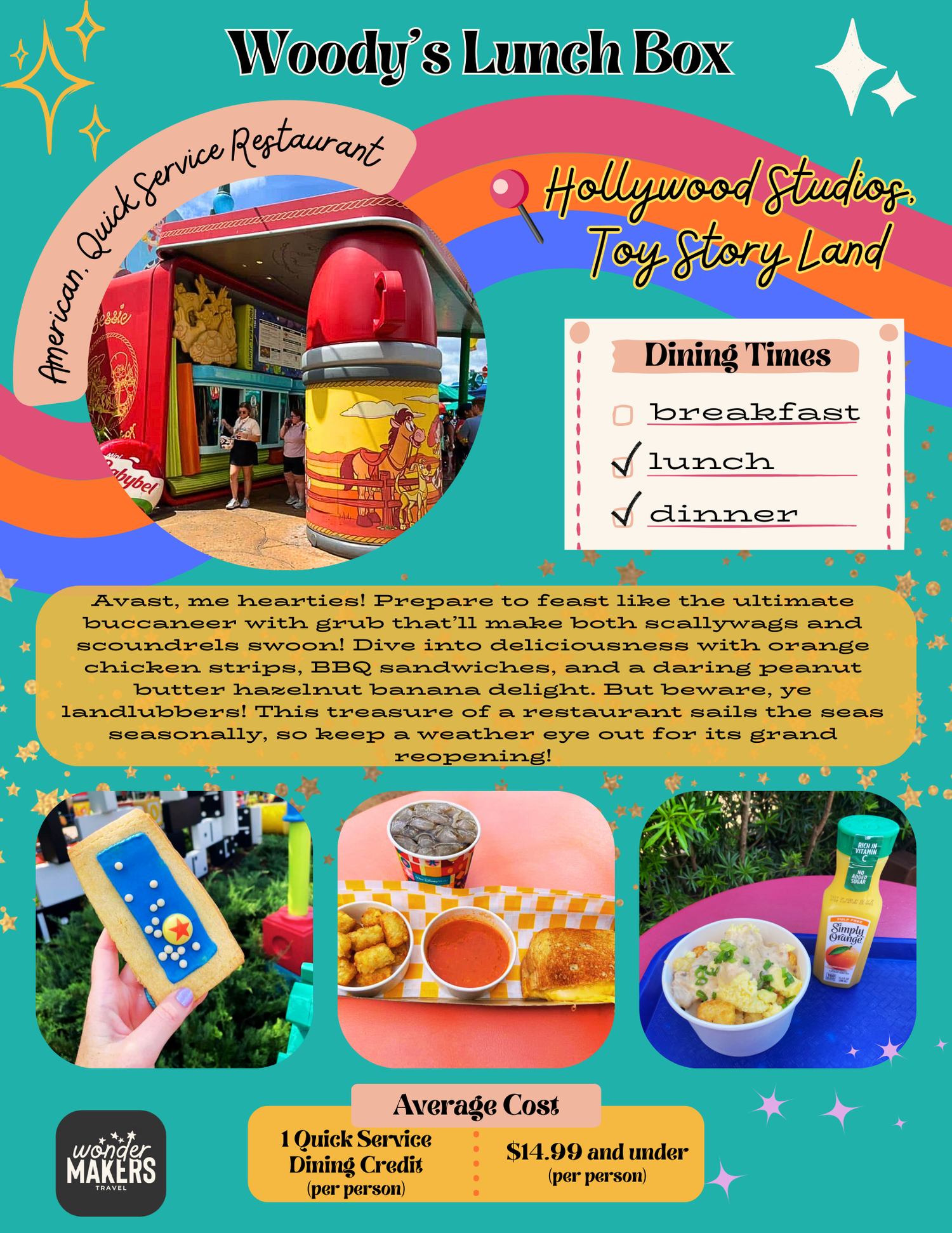 Marketing flyer for Woody's Lunch Box restaurant showing dining times and themed food options.