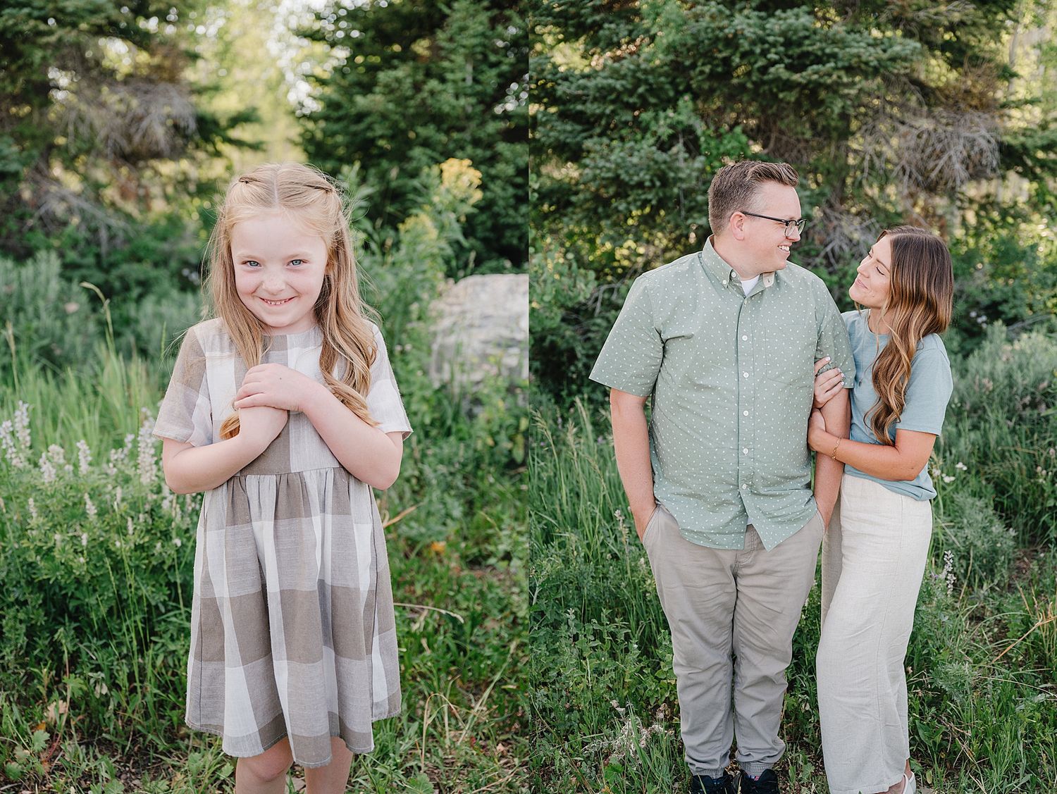 Beautiful outdoor family photo session in a lush green forest setting with evergreen trees and natural scenery.