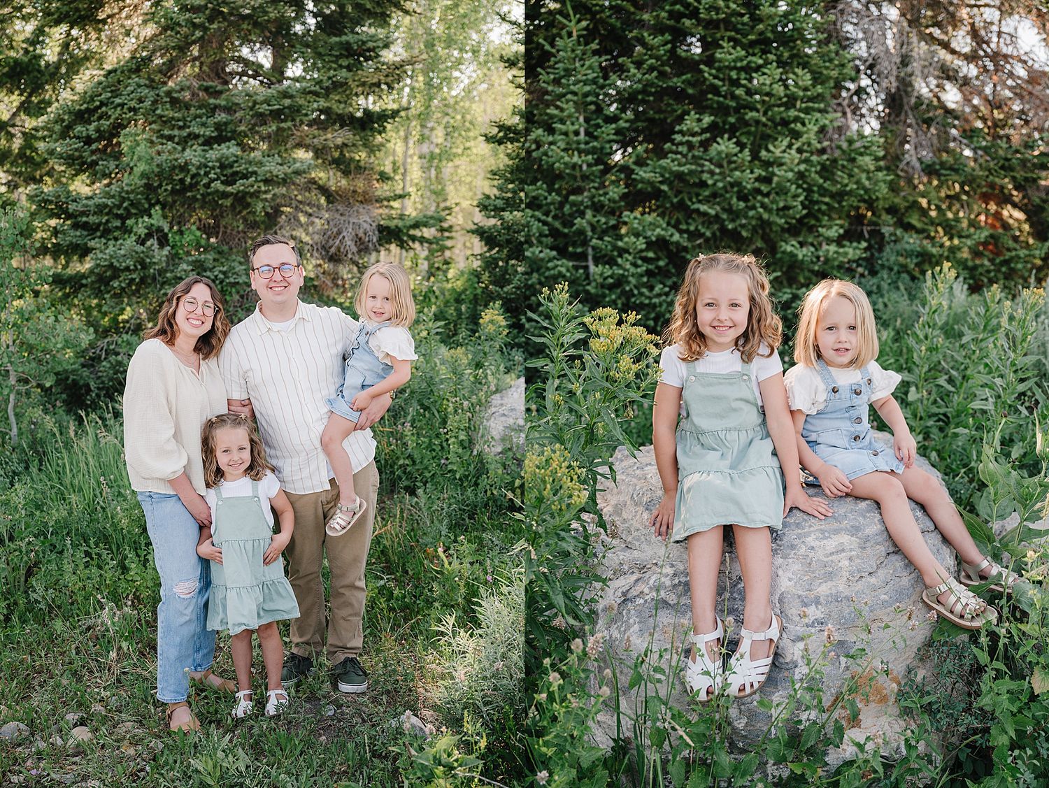 Family photography collage showing candid moments in a mountain forest setting with natural greenery and rocks.