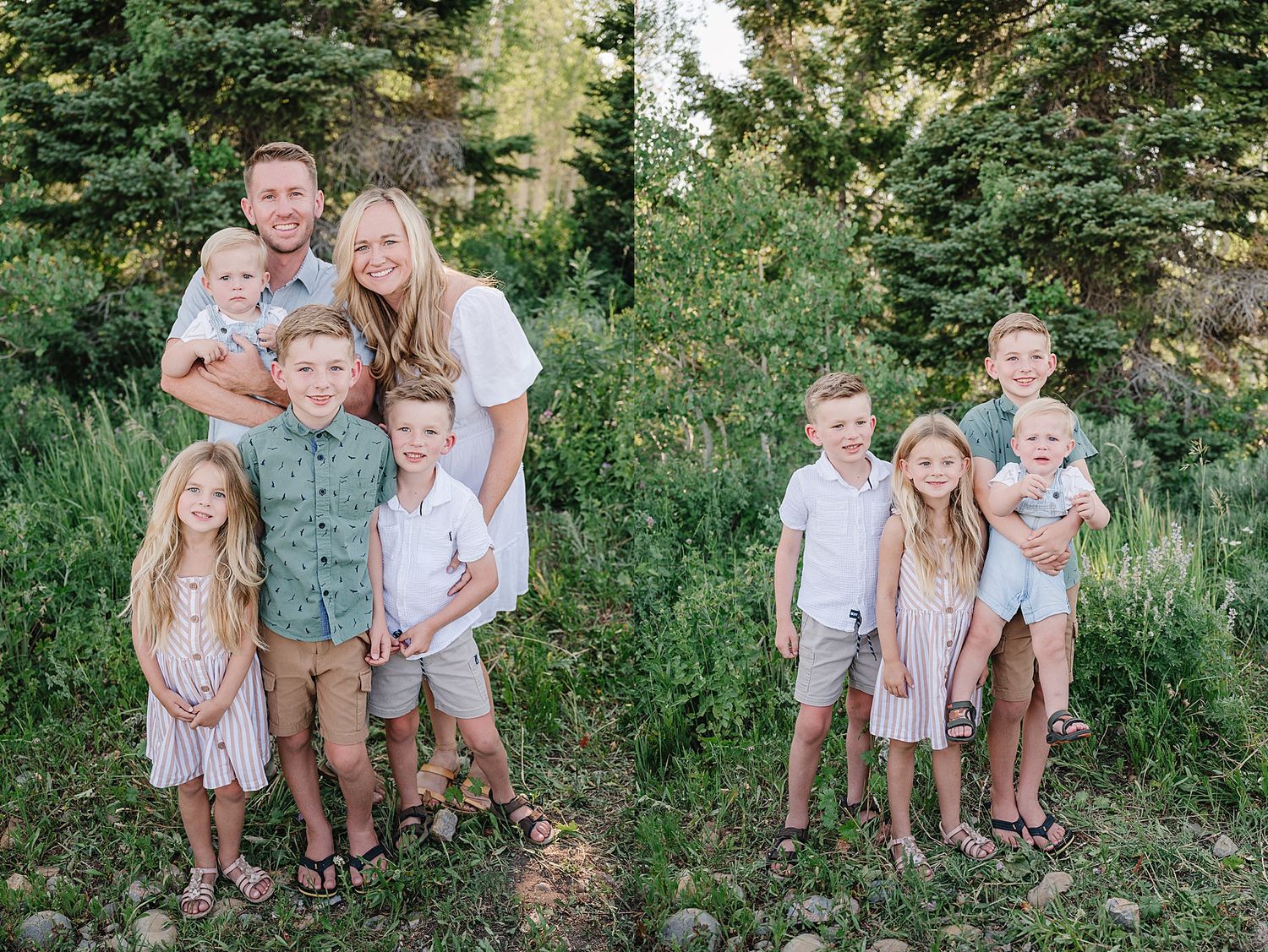 A family group poses together outdoors among evergreen trees in a natural setting wearing coordinated casual attire.