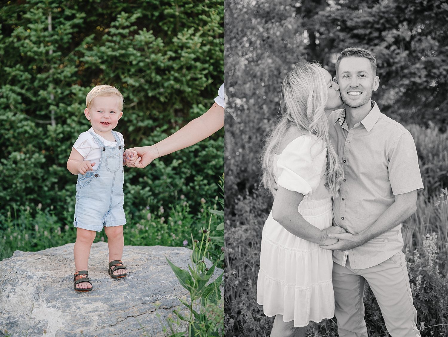 Side by side photos showing a toddler in blue overalls on a rock and a couple embracing outdoors in black and white.