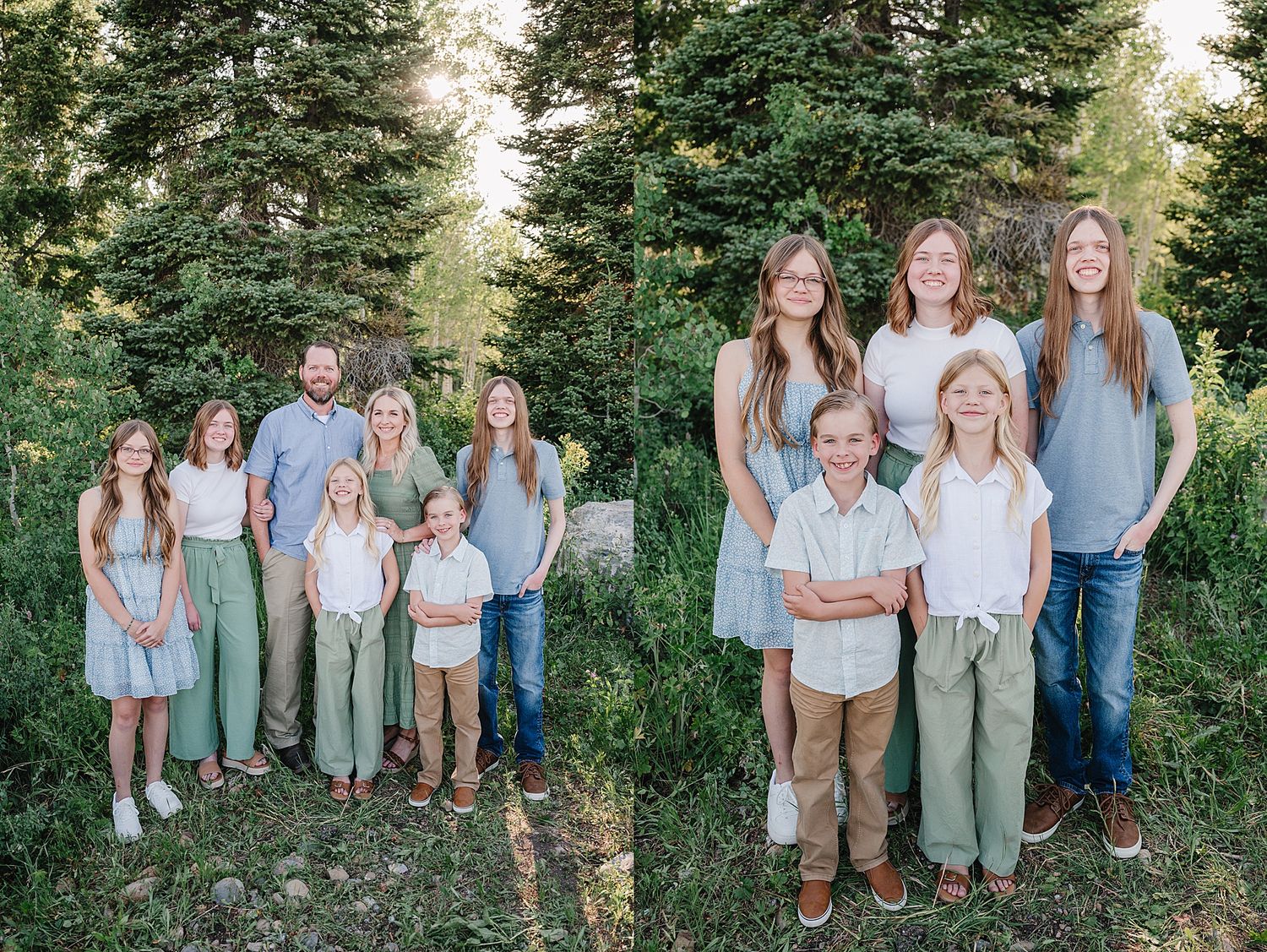 Group in coordinated light blue and sage green outfits posed together against evergreen trees in outdoor setting.