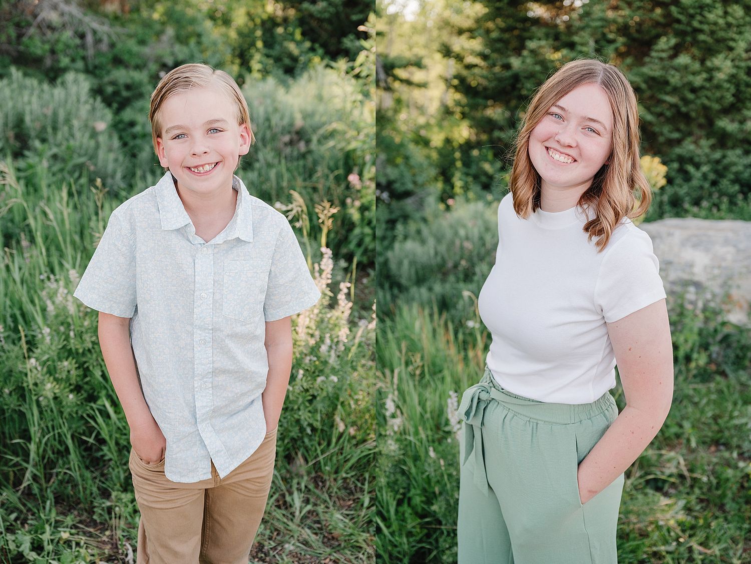 Two happy people standing in a lush garden setting sharing joyful smiles in summer attire.