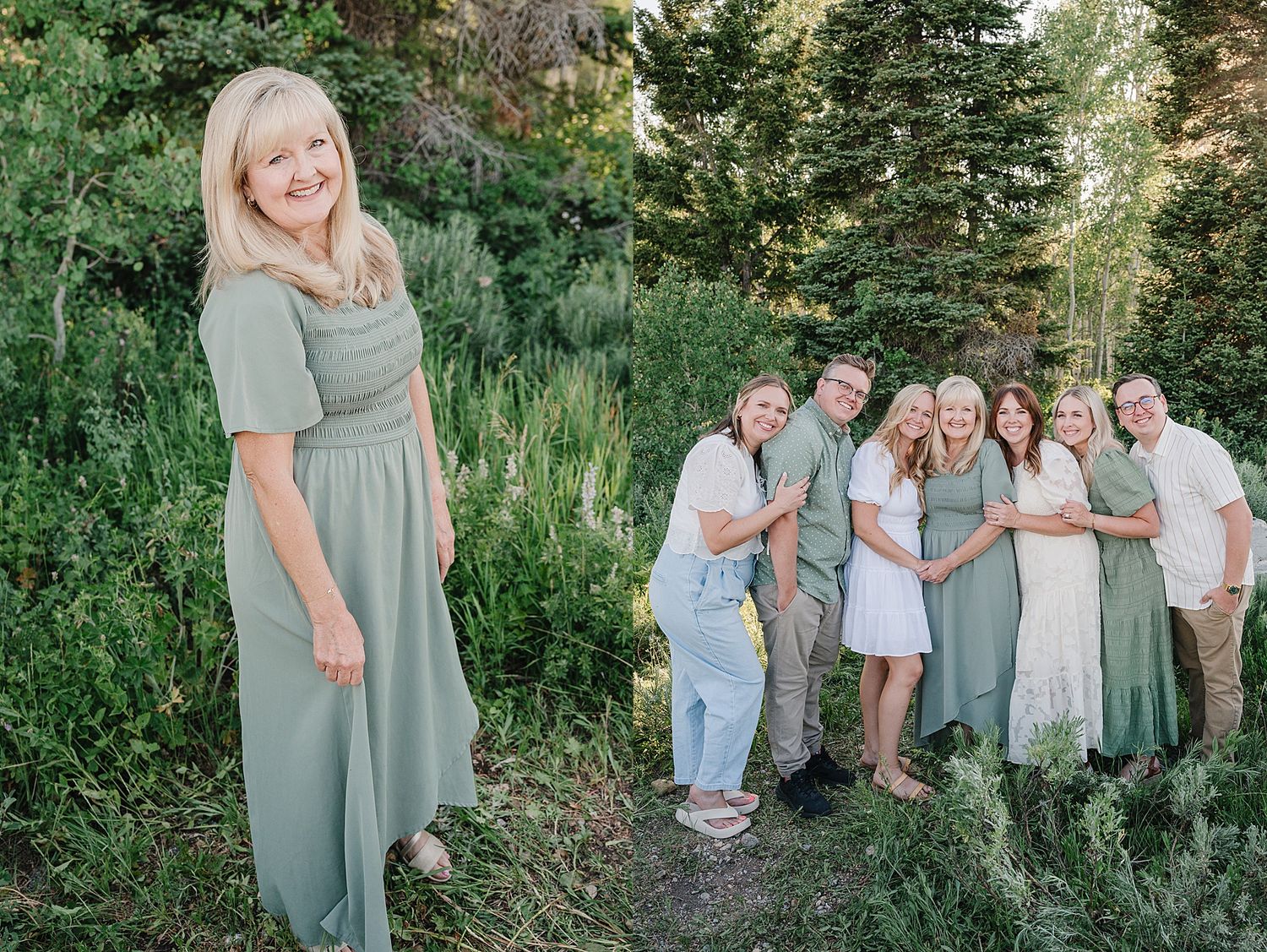 A group poses together outdoors against lush green foliage and evergreen trees on a sunny day.
