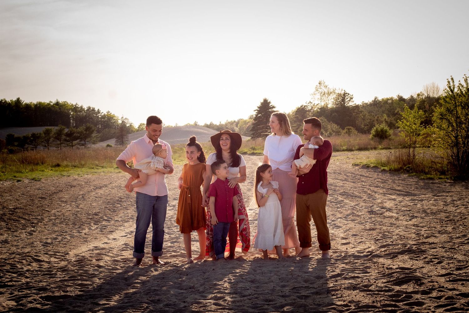 extended family session at sand dunes in rhode island, happy, dramatic, sunset