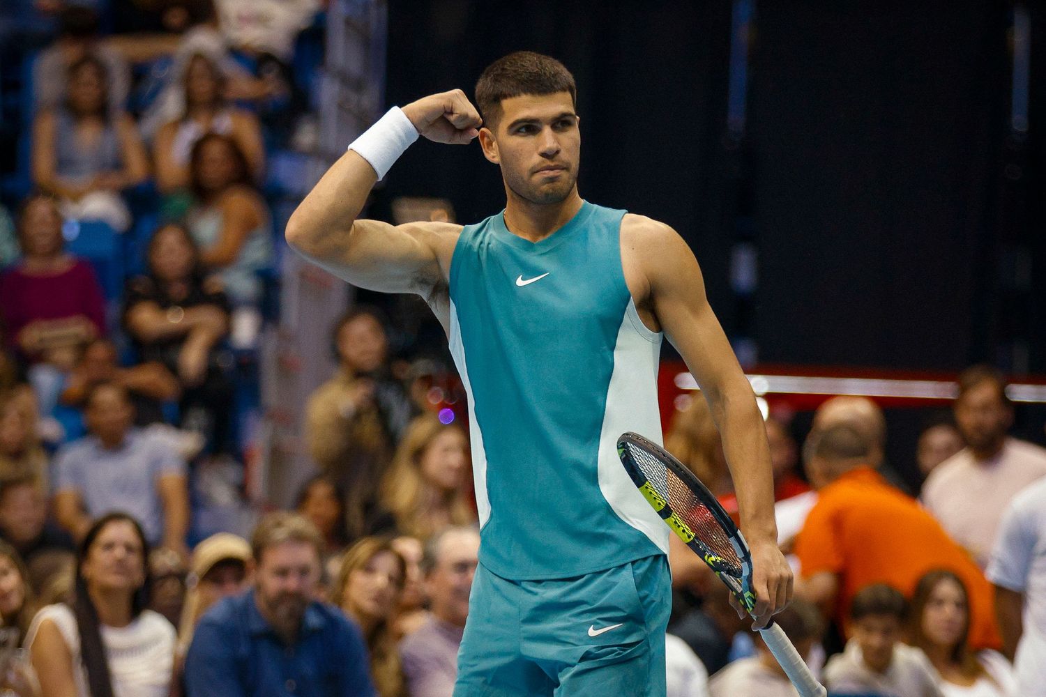 Carlos Alcaraz celebrates a point during the exhibition match Battle of Legends: Frances Tiafoe vs. Carlos Alcaraz.