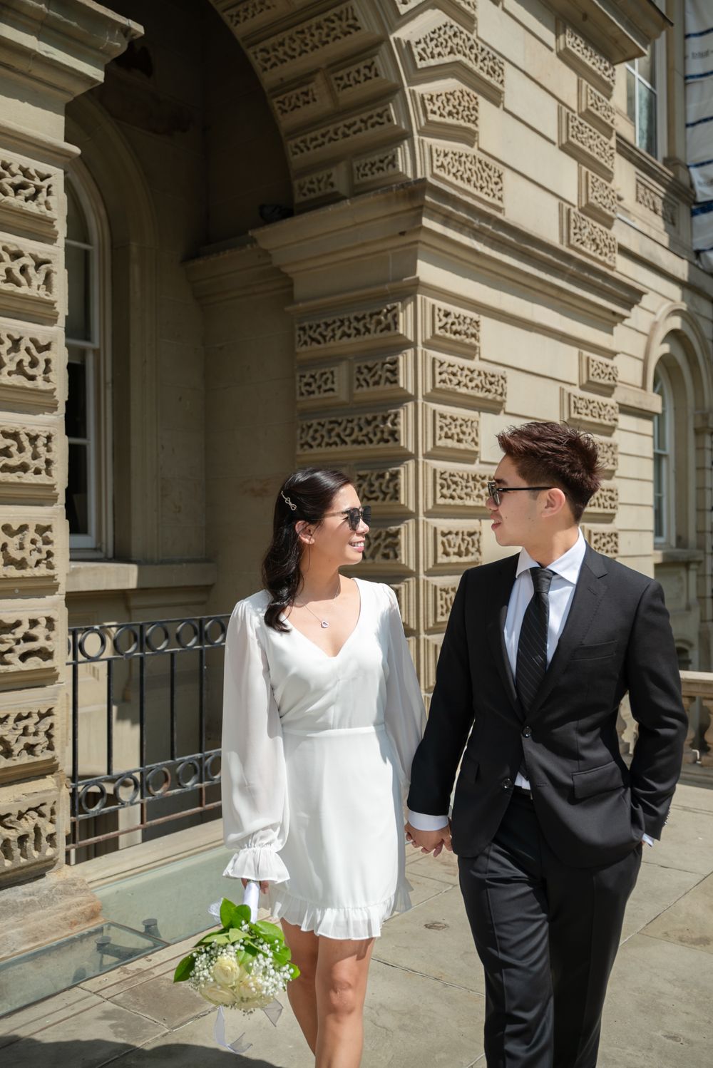 Toronto City Hall Wedding | Elegant At-Home Portrait | Bride in White Dress with Bouquet | Intimate Couple Photography
