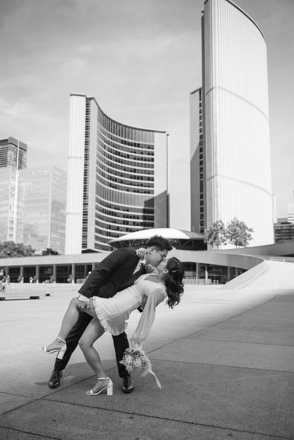 Toronto City Hall Wedding | Elegant At-Home Portrait | Bride in White Dress with Bouquet | Intimate Couple Photography