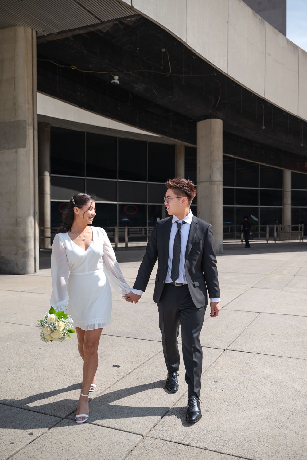 Toronto City Hall Wedding | Elegant At-Home Portrait | Bride in White Dress with Bouquet | Intimate Couple Photography