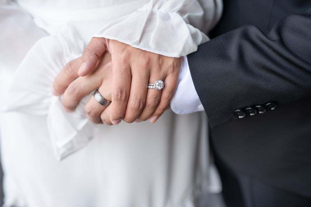 Toronto City Hall Wedding | Elegant At-Home Portrait | Bride in White Dress with Bouquet | Intimate Couple Photography