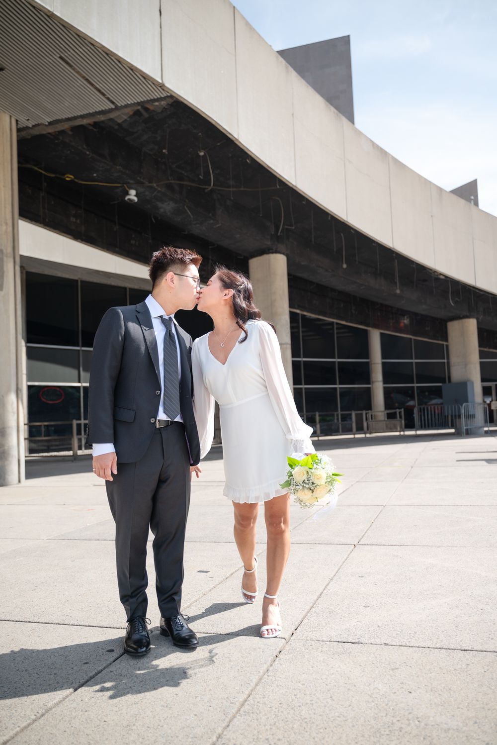 Toronto City Hall Wedding | Elegant At-Home Portrait | Bride in White Dress with Bouquet | Intimate Couple Photography