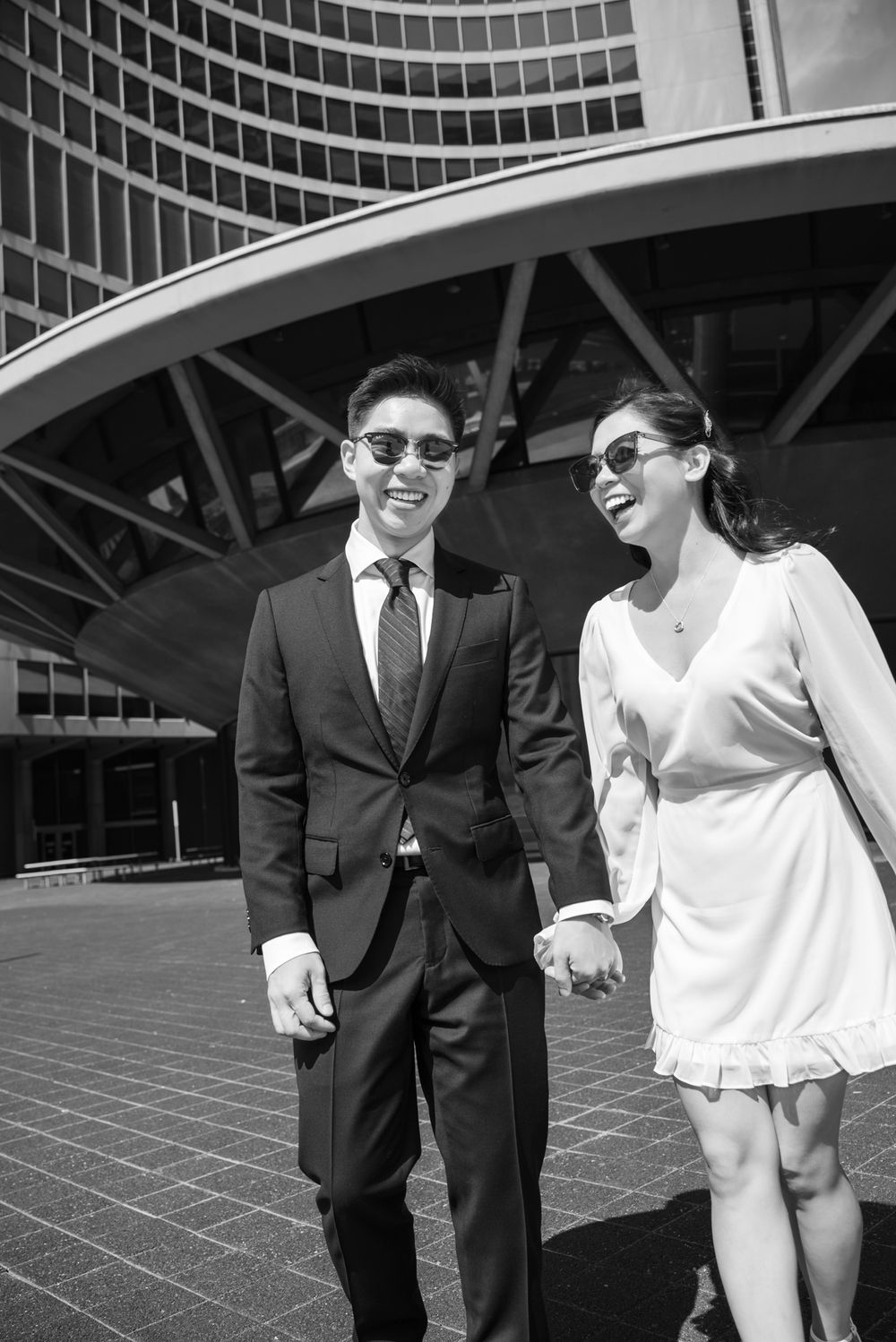 Toronto City Hall Wedding | Elegant At-Home Portrait | Bride in White Dress with Bouquet | Intimate Couple Photography