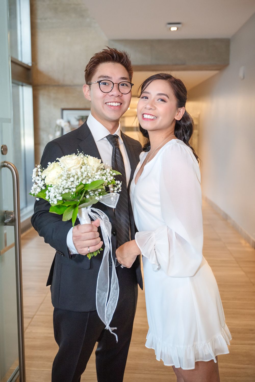 Toronto City Hall Wedding | Elegant At-Home Portrait | Bride in White Dress with Bouquet | Intimate Couple Photography