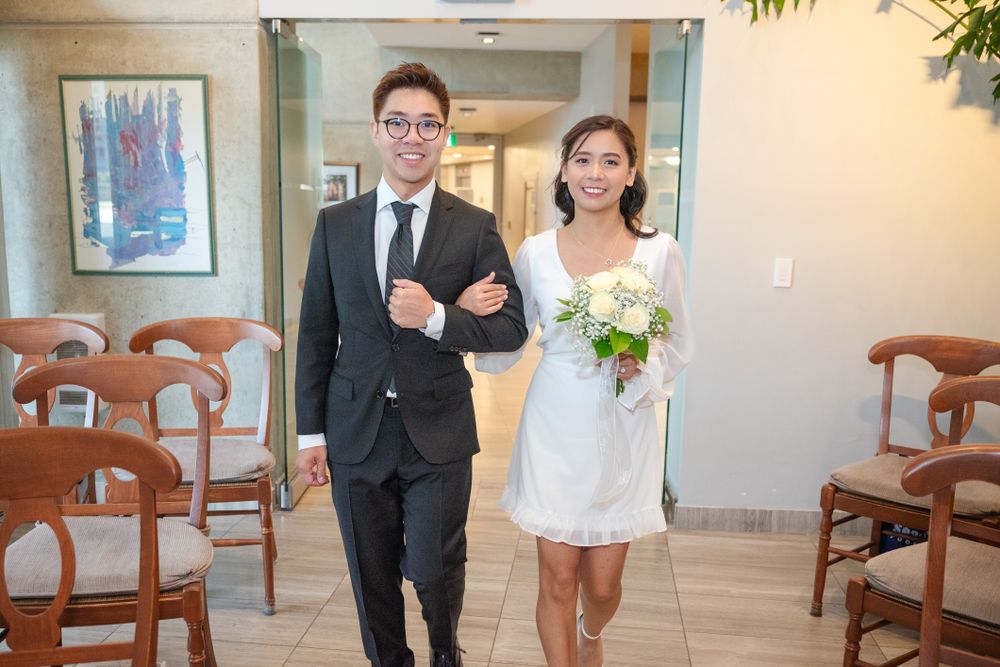 Toronto City Hall Wedding | Elegant At-Home Portrait | Bride in White Dress with Bouquet | Intimate Couple Photography