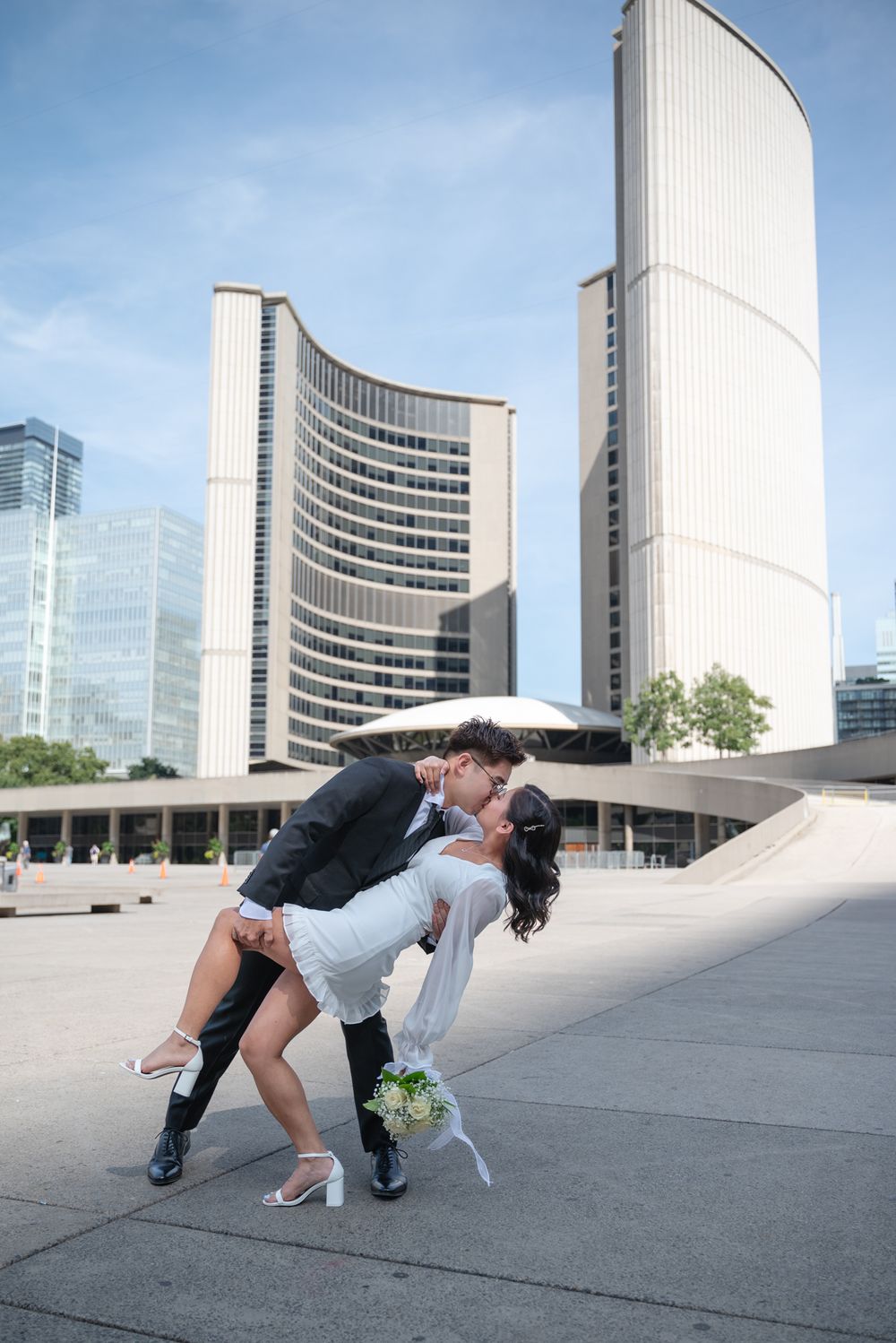 Toronto City Hall Wedding | Elegant At-Home Portrait | Bride in White Dress with Bouquet | Intimate Couple Photography