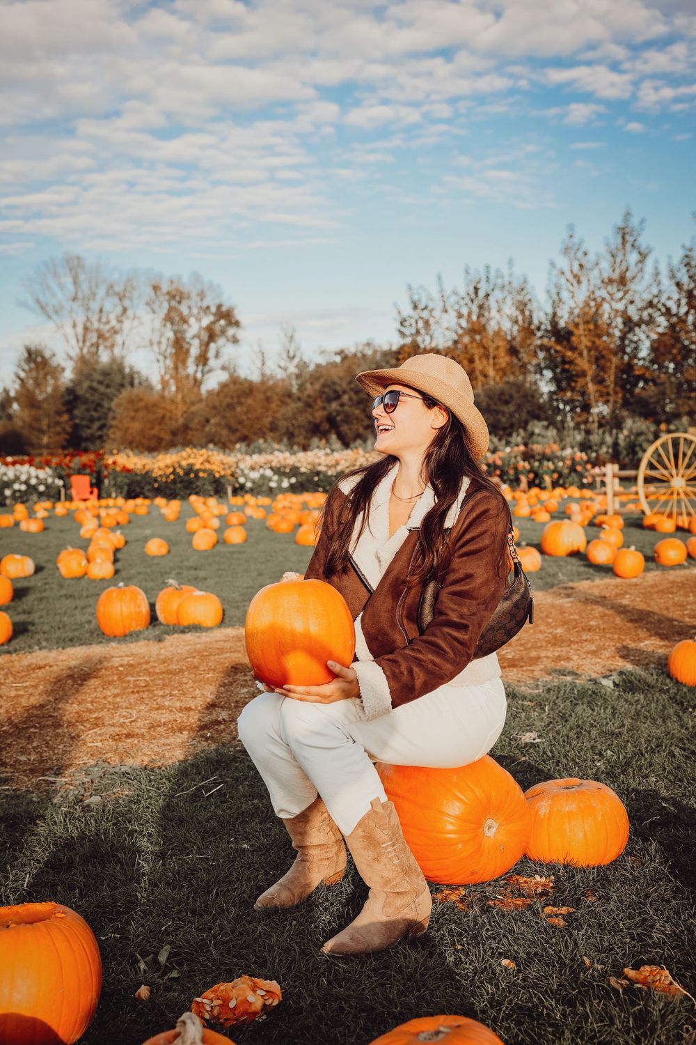 Woman in brown jacket and sunhat poses with pumpkins at a scenic fall pumpkin patch.