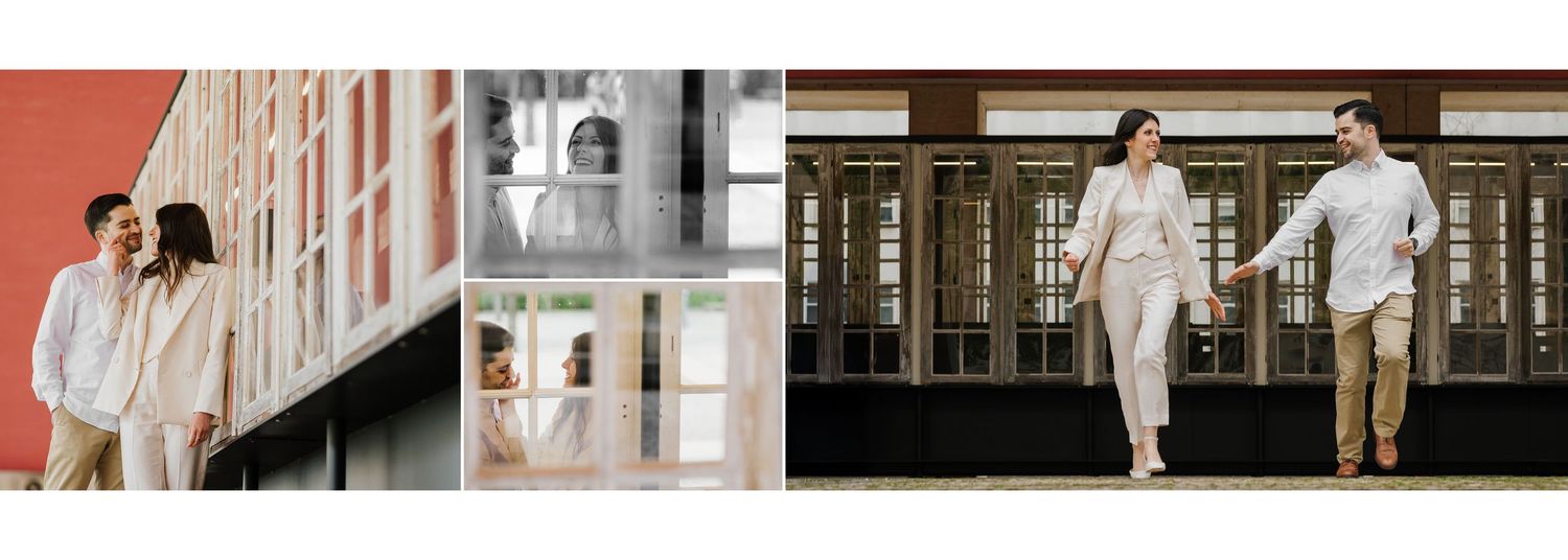 Candid architectural wedding photos showing building facades and walkways.