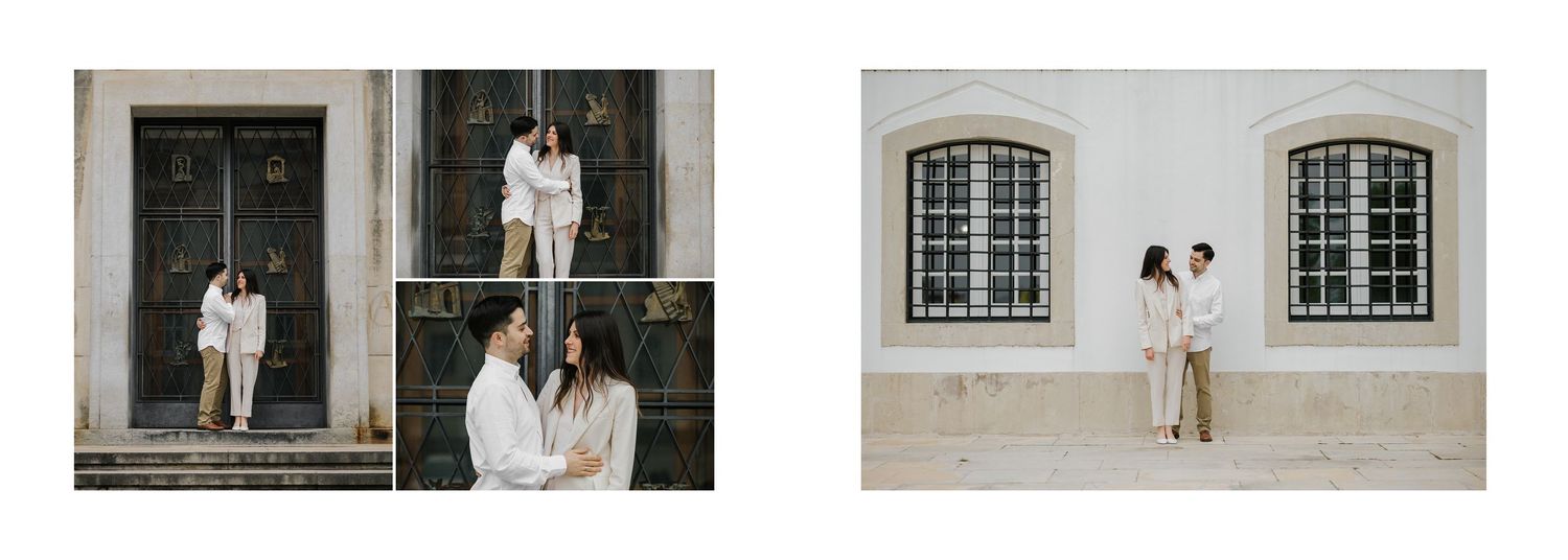 Minimalist wedding photography against white building exterior with classic windows.
