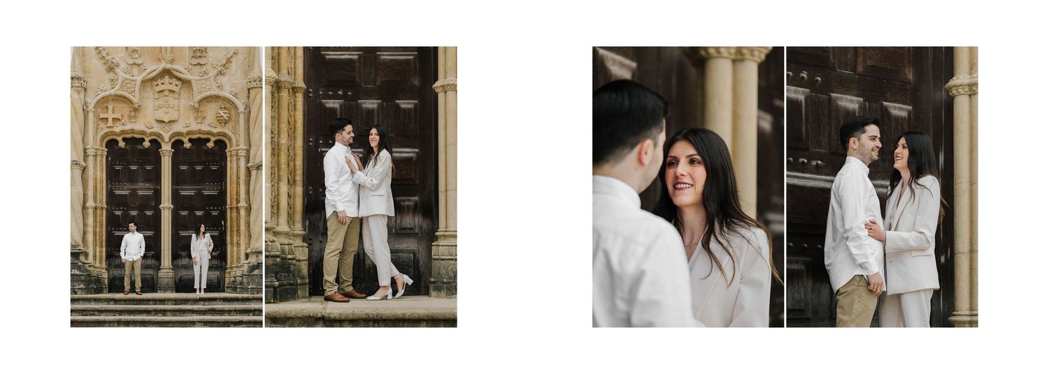 Romantic couple poses together against ornate architectural backdrop of historic building with gothic windows.