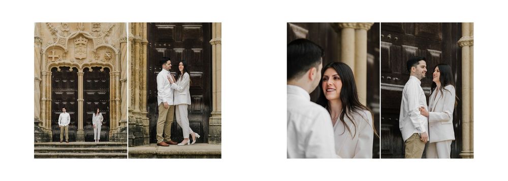 Romantic couple poses together against ornate architectural backdrop of historic building with gothic windows.