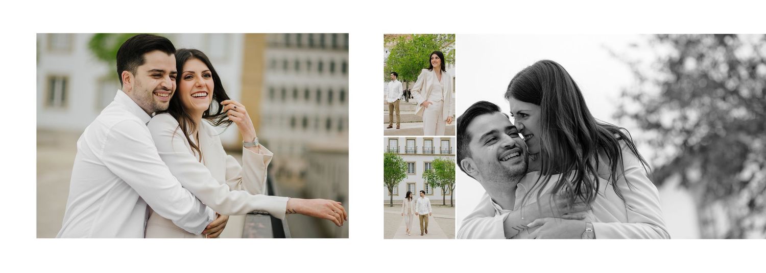 Intimate couple portraits captured in warm natural light against urban backdrop.