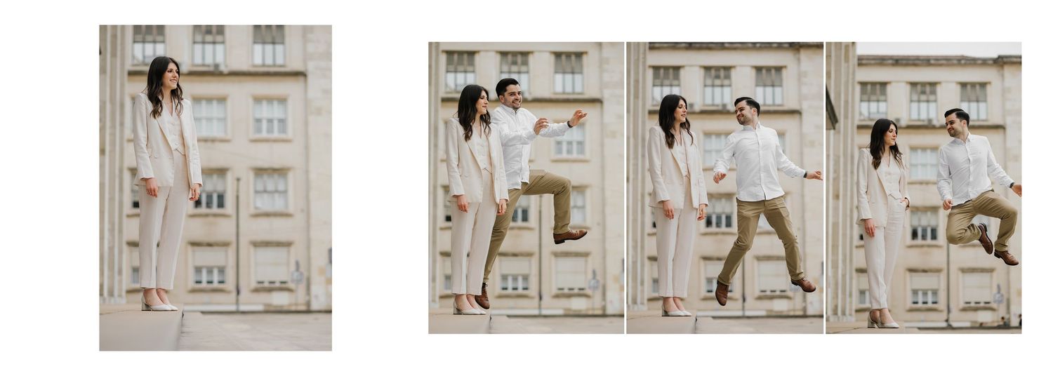 Playful sequence showing person climbing up side of classical building facade.