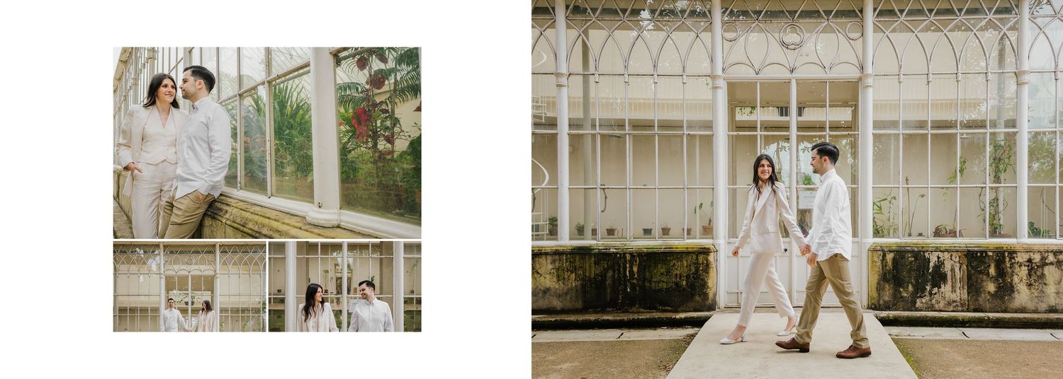 Romantic couple photos taken at ornate glass conservatory in vintage style.