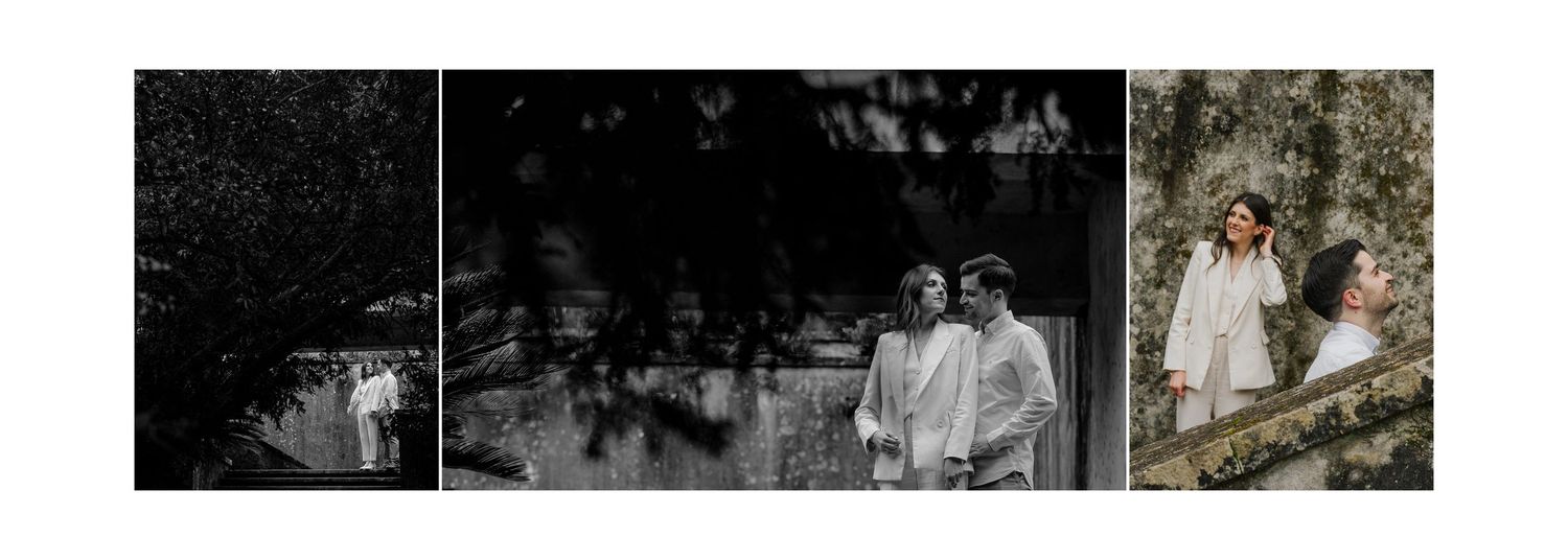 Artistic black and white wedding photography series in natural outdoor setting.