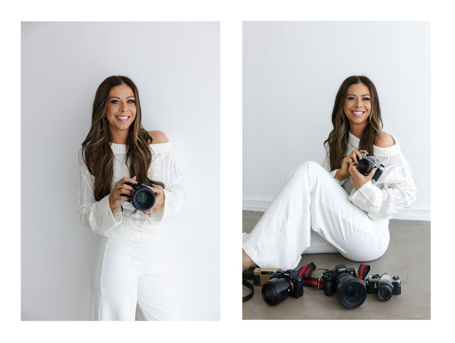 A series of fashion model photos showing a person posing in casual white outfits against a light background.