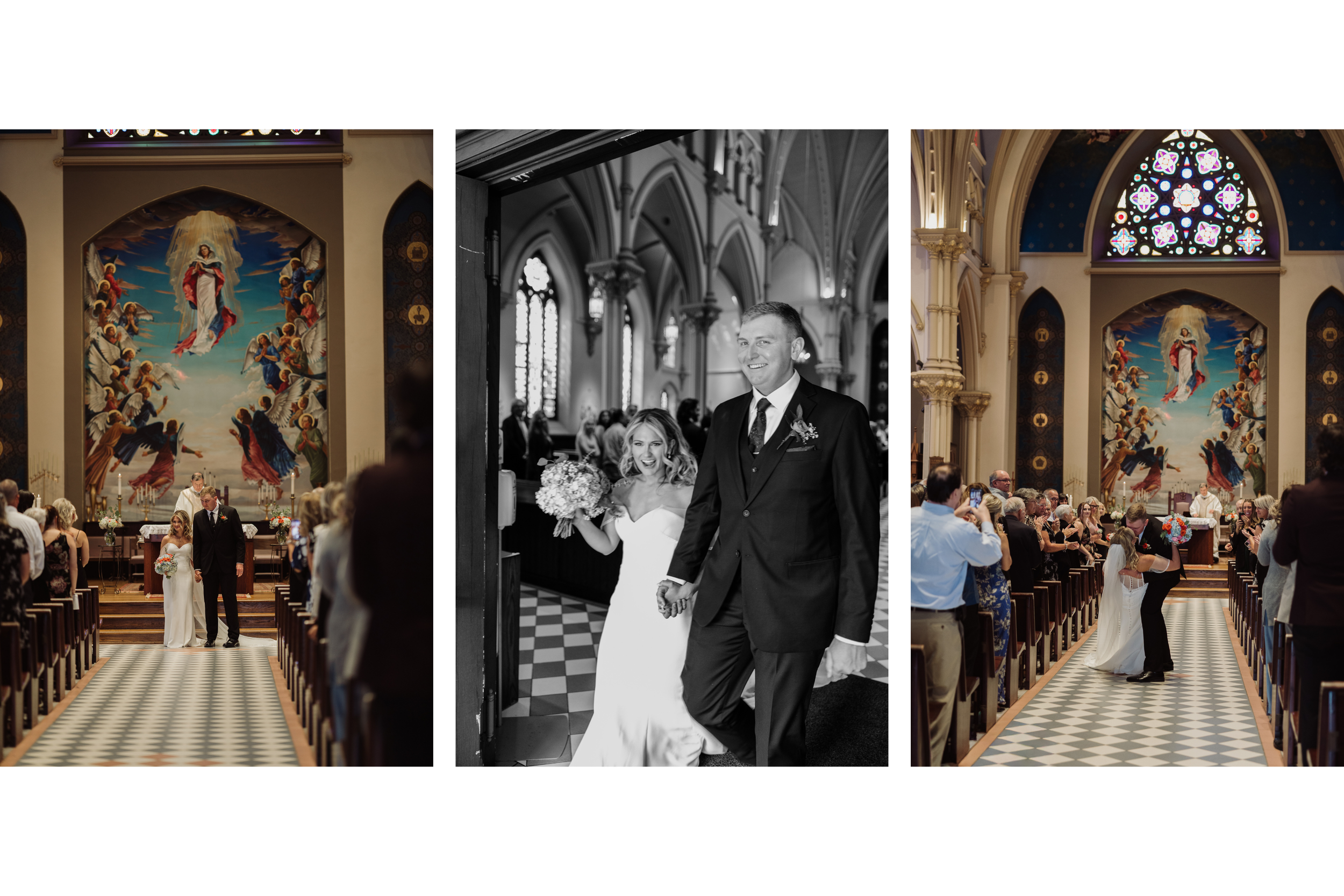 Bride and groom walking down the aisle after their wedding ceremony at St. Mary's Church