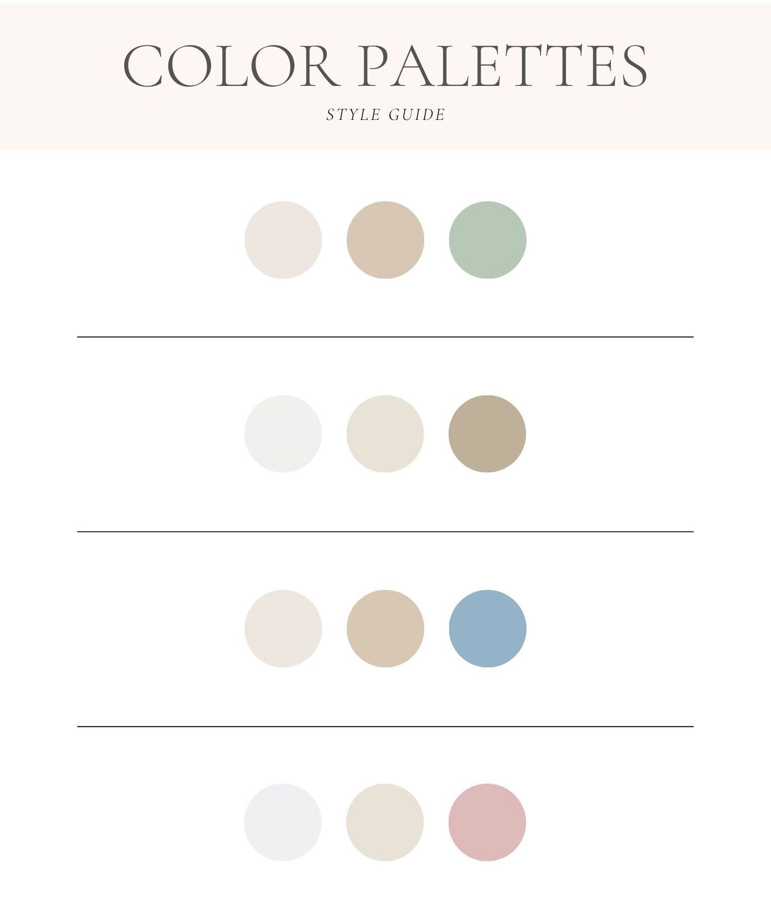 A minimalist style guide showing soft color palettes with muted beige, green, blue and pink circular swatches arranged elegantly.