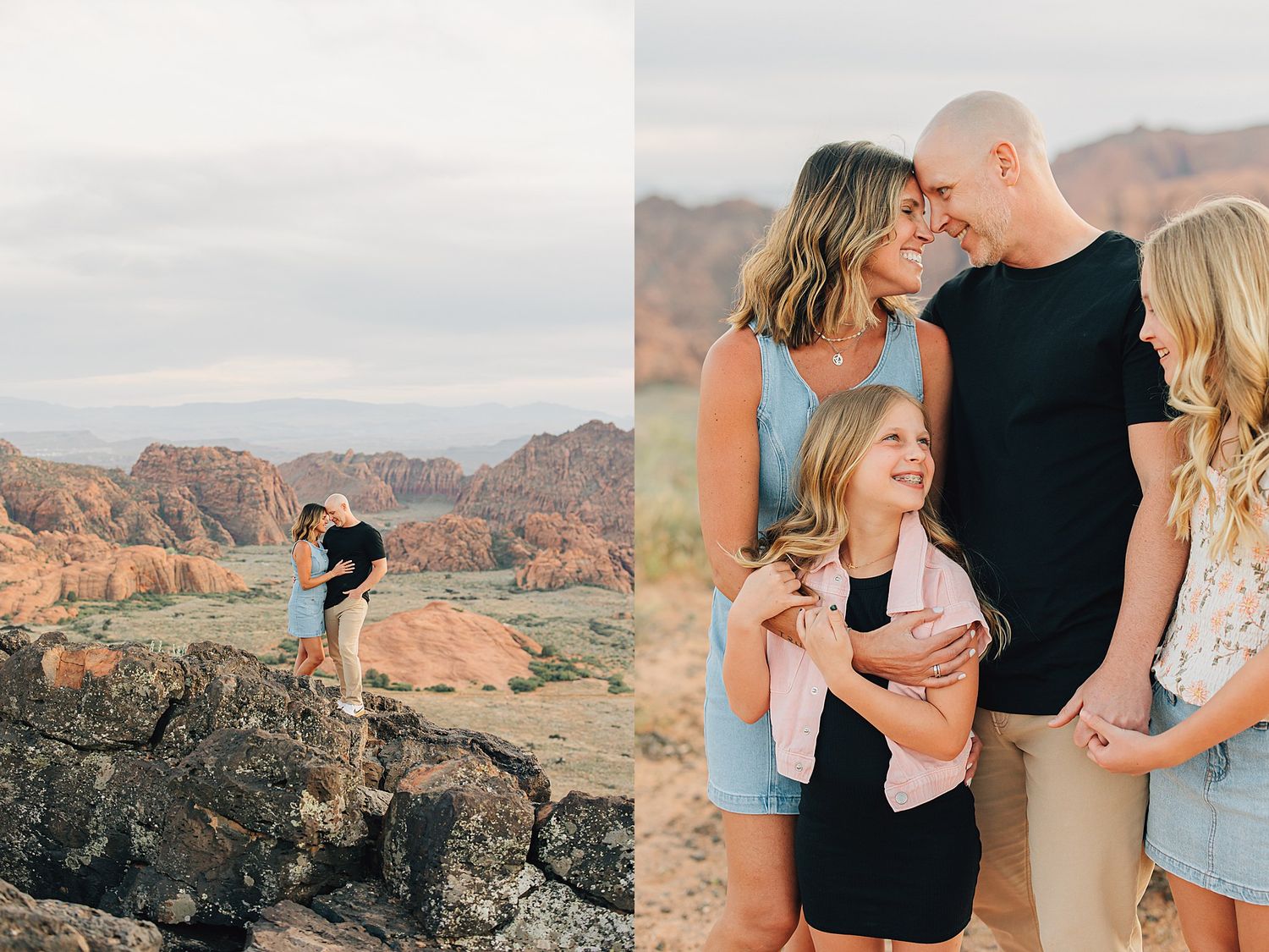 Family posing on rocky desert landscape with red rock formations, couple embracing on cliff edge at sunset in St. George Utah.