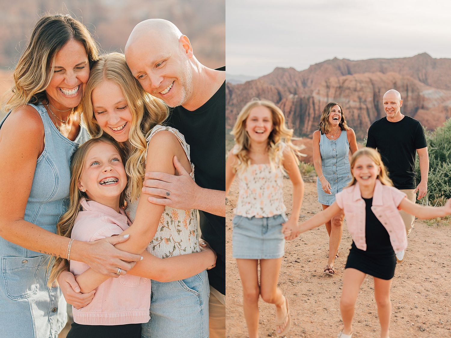 Family of four hugging and smiling outdoors near red rock canyon during a professional photo session.