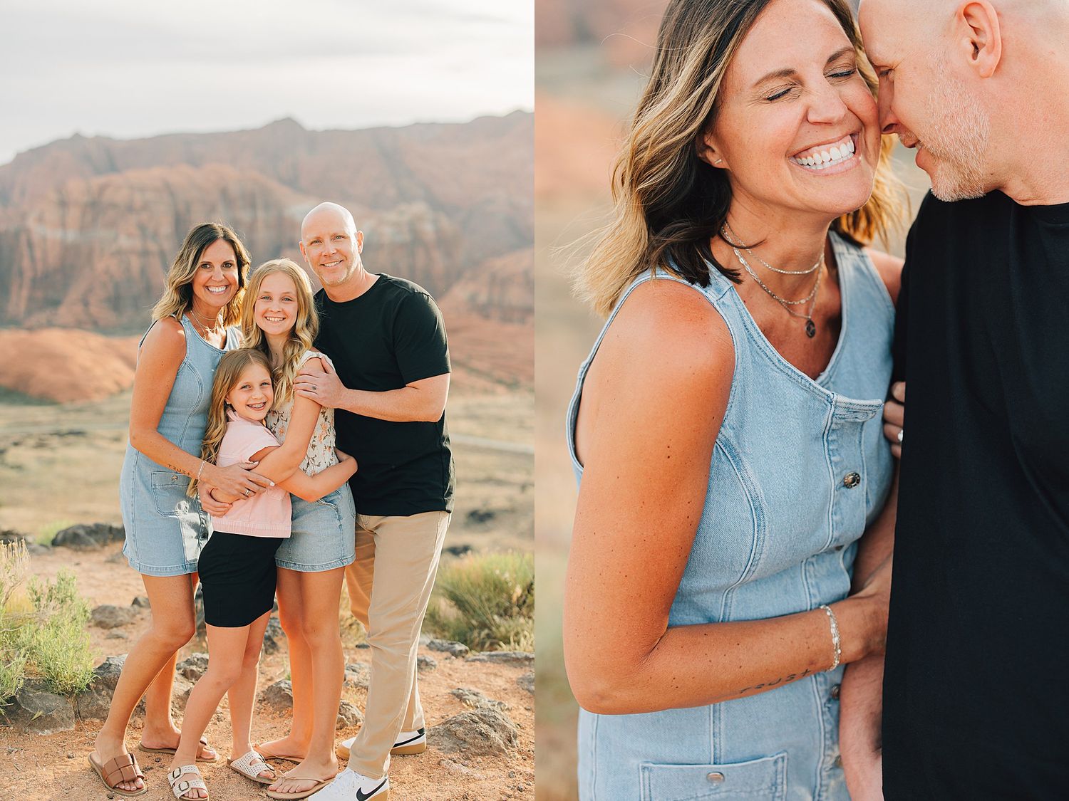 Family portrait and couple embracing during golden hour outdoor photo session in red rock desert.