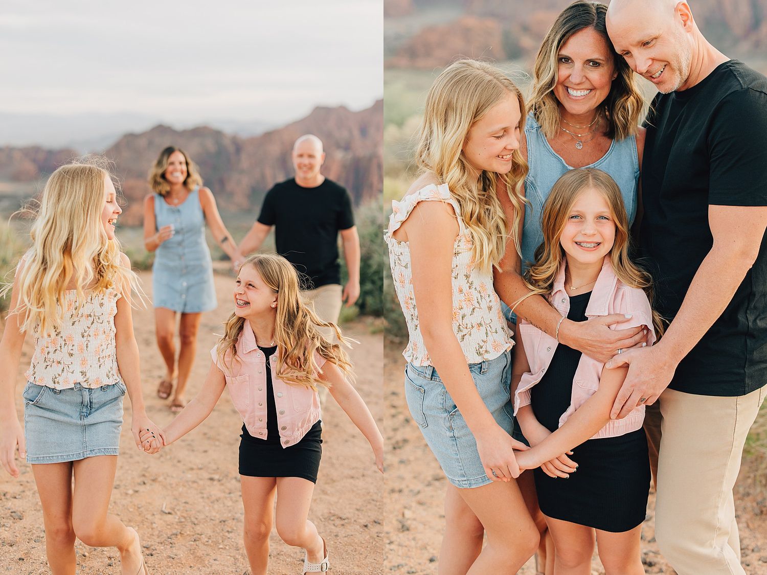Family of four poses outdoors in desert landscape, parents and two blonde daughters smiling in coordinated casual outfits.