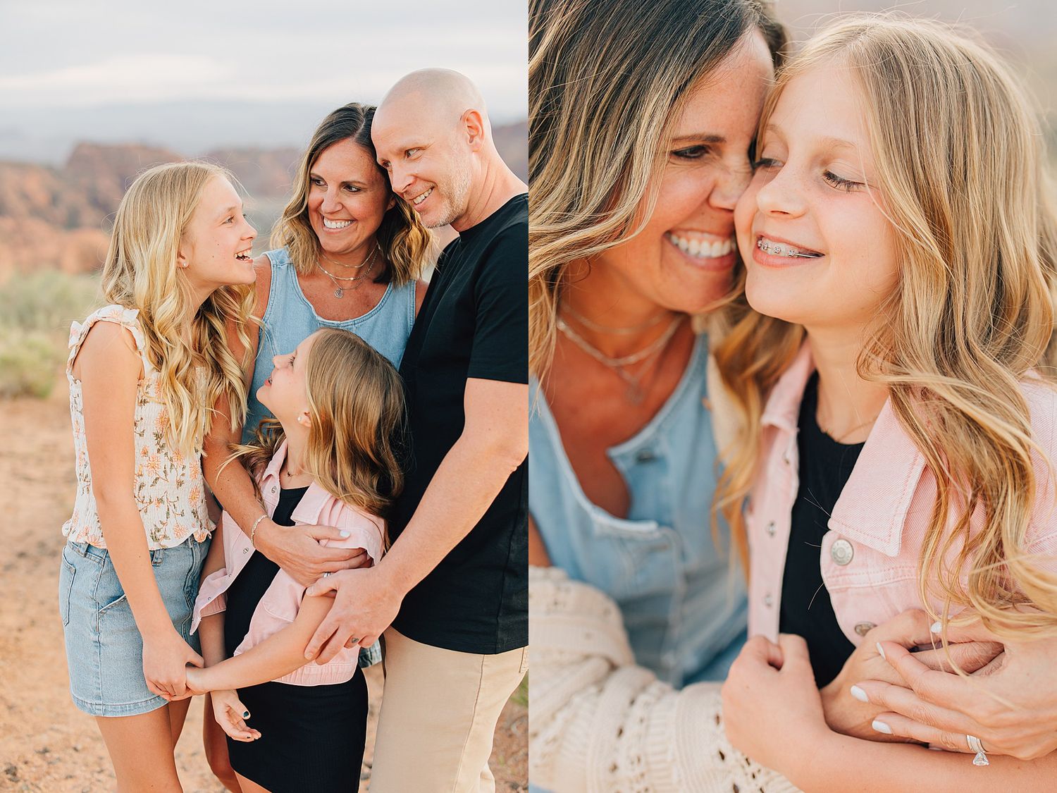 Family of four sharing a joyful moment outdoors near canyon cliffs with a close-up of mother and daughter smiling.