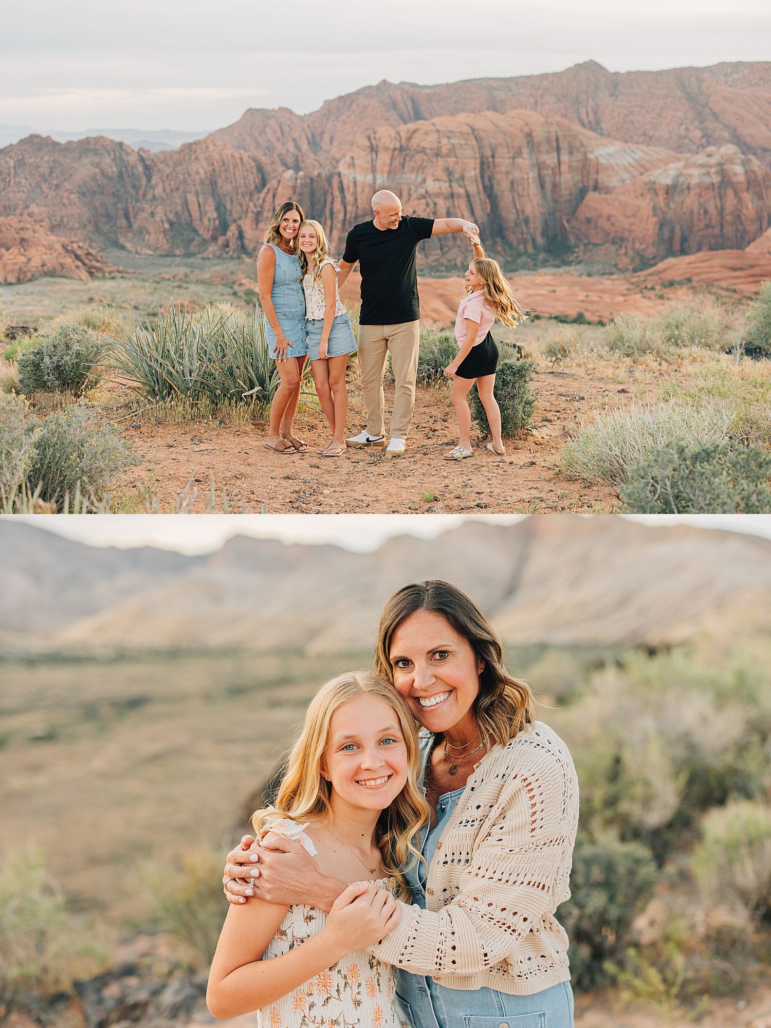 Family playing and laughing together in a desert setting with red rock formations and a mother-daughter portrait.