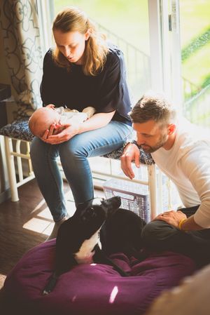 Young parents admire their newborn baby while their black and white dog rests on a purple bean bag indoors.