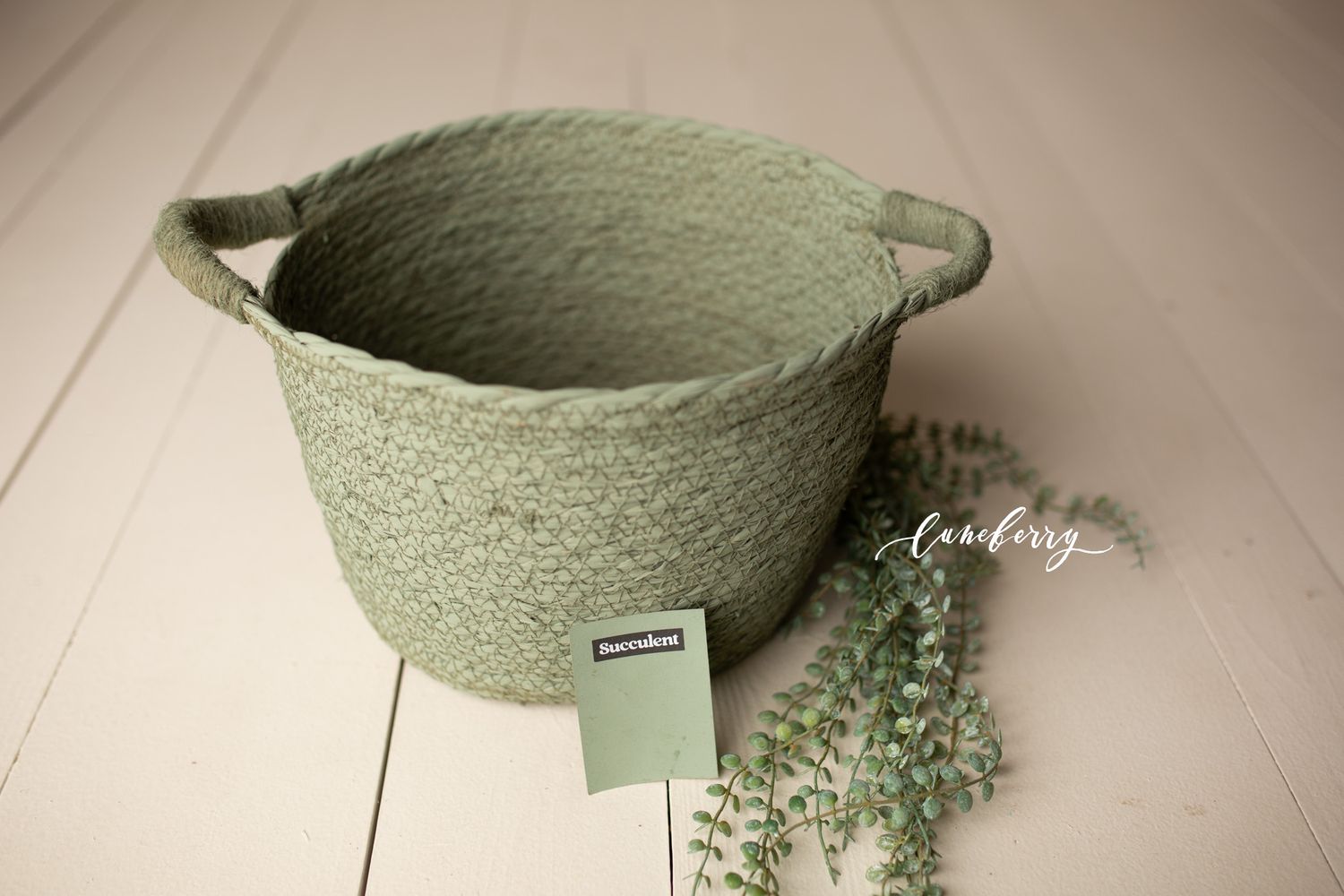 Sage green rope basket with handles on white wood floor, accented with eucalyptus sprigs.