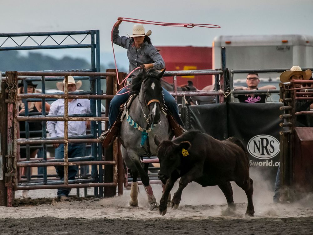 Cowboy riding and roping a calf during a competitive rodeo event in an indoor arena.
