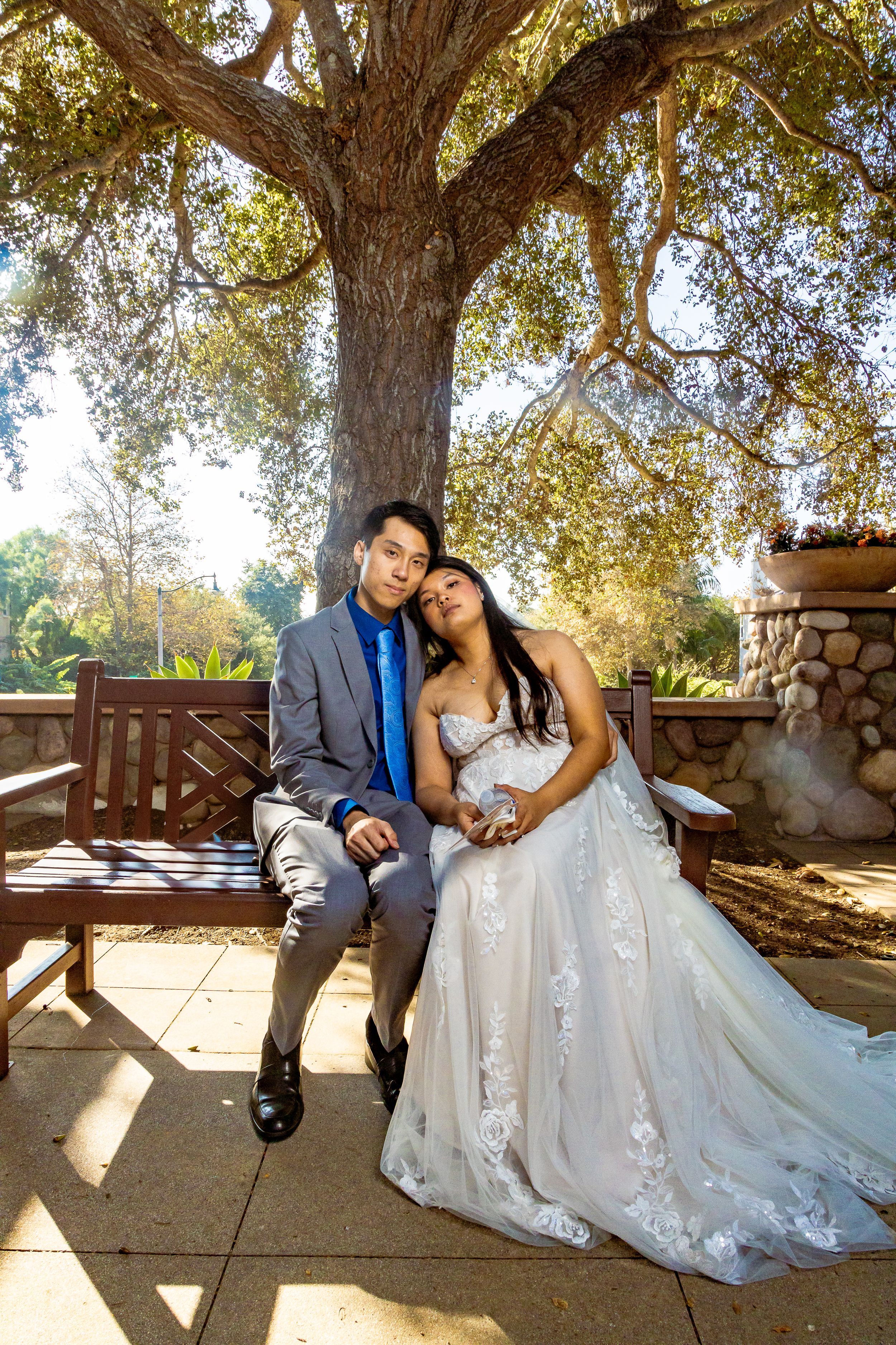 Bride and groom posing under a beautiful tree in an outdoor garden setting by Zeus Holbrook San Diego Wedding Photographer
