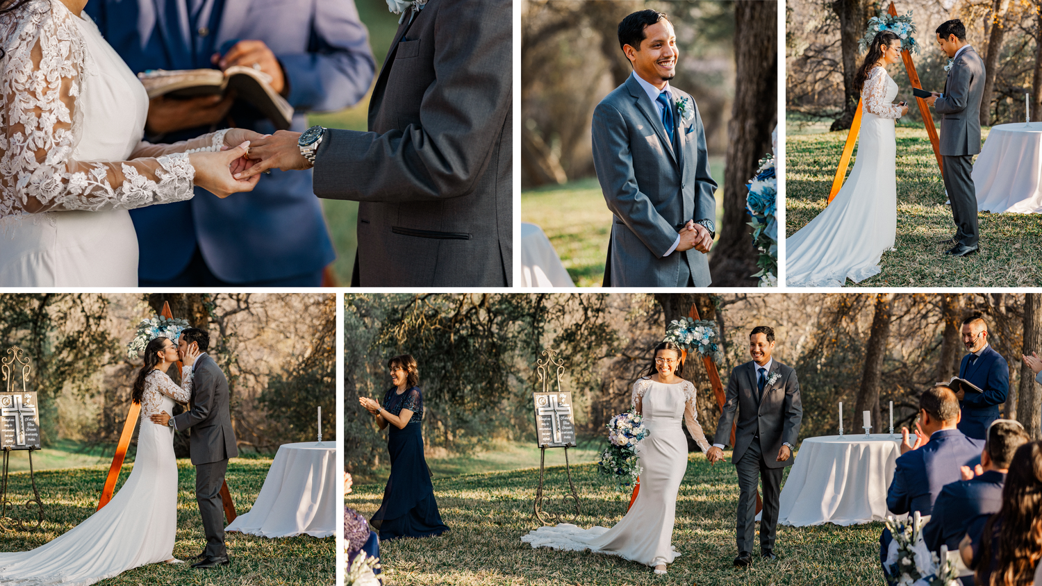 Outdoor wedding ceremony moments showing vows exchange, groom awaiting bride, and couple celebrating union.