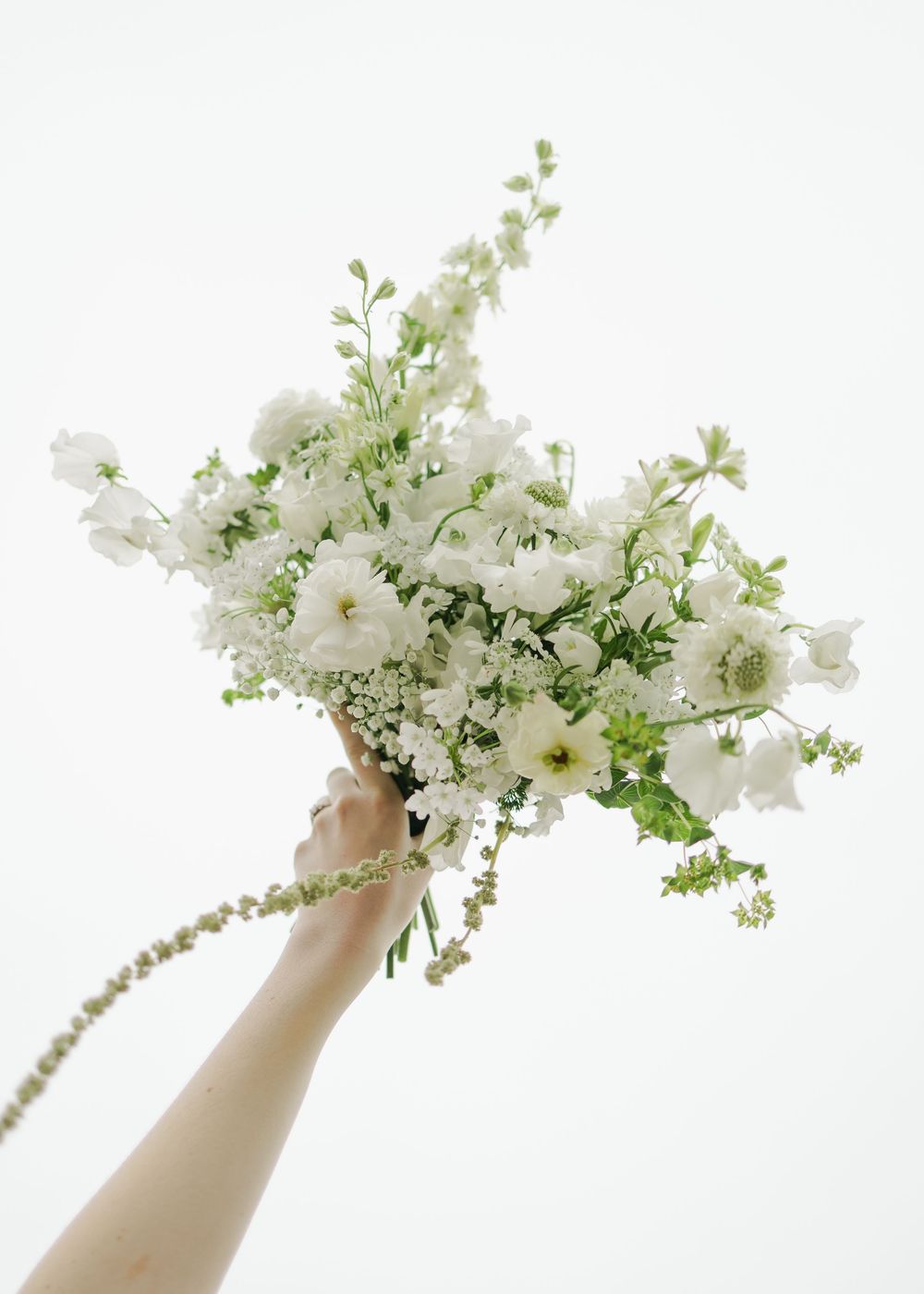 Hand holding lush white wildflower bouquet with greenery against white background.