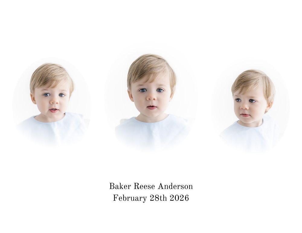 Three portrait photos of toddler Baker Reese Anderson on a white background, dated February 28th 2026.