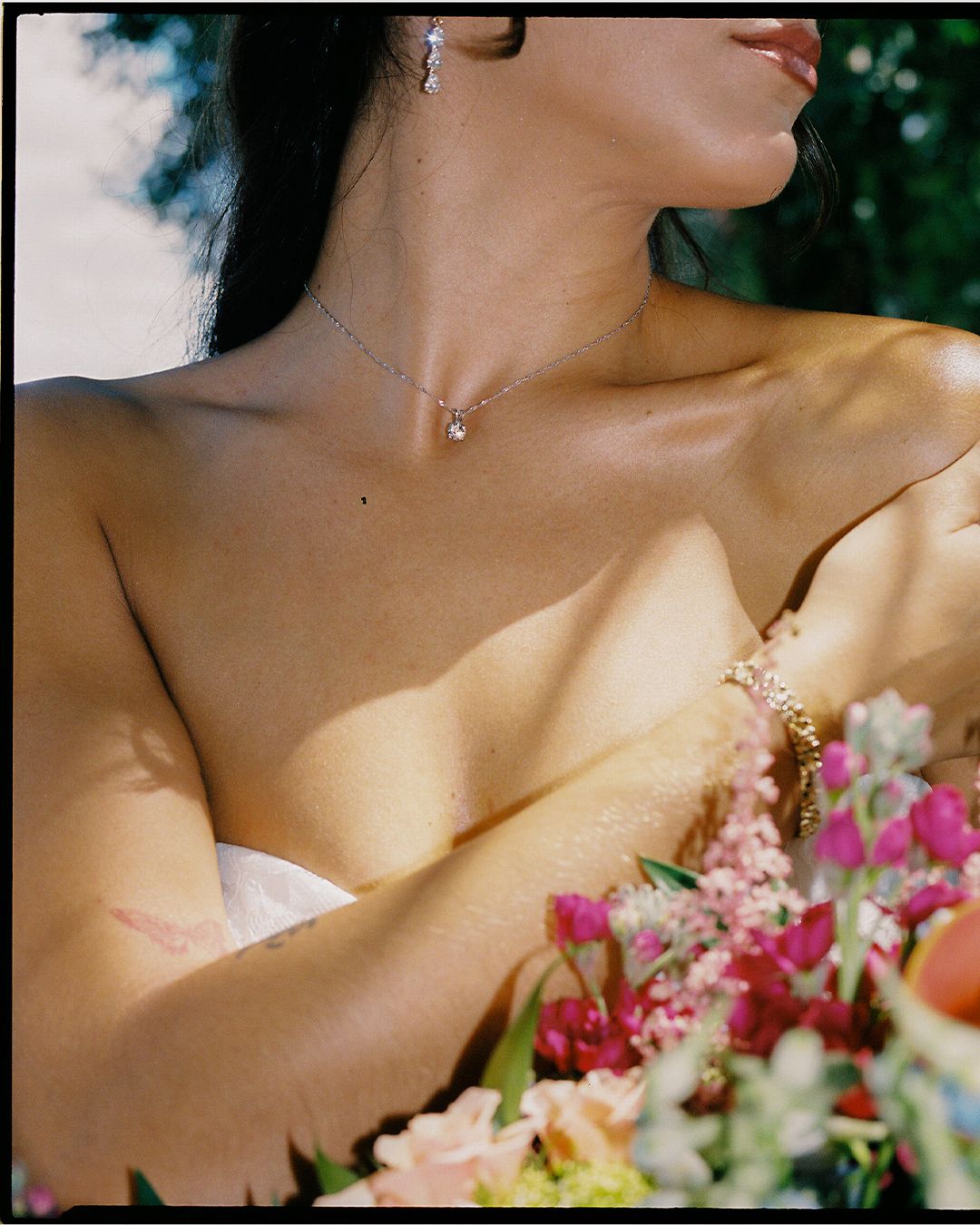 Close-up series showing delicate floral bouquet details and jewelry against soft natural lighting.