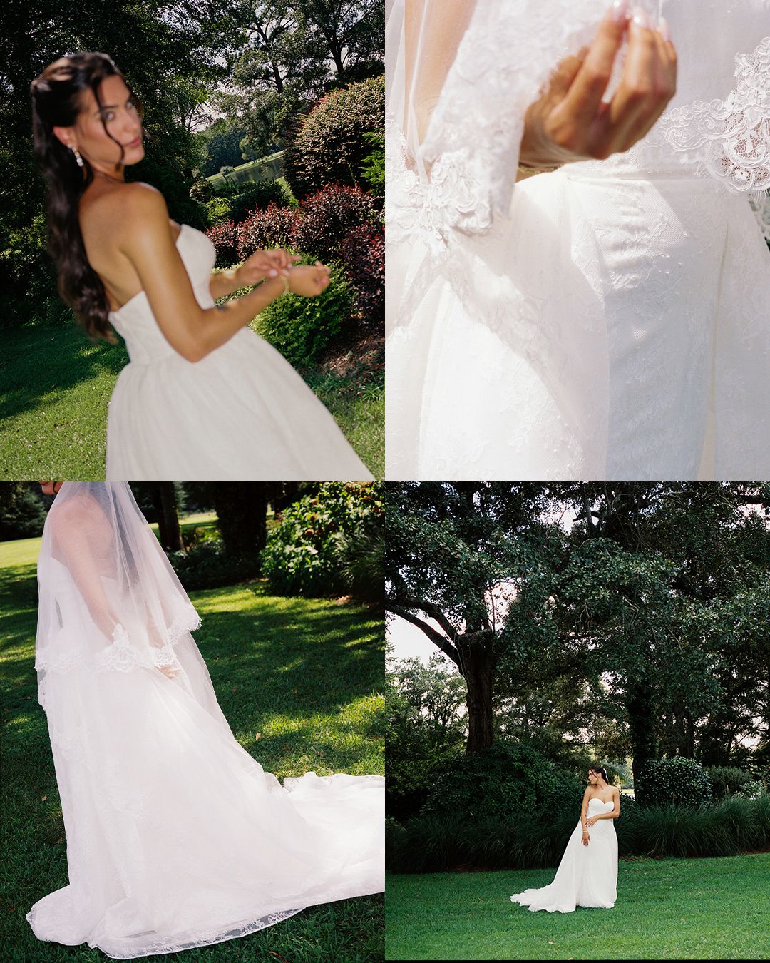 A bride in a flowing white wedding dress poses in a lush garden setting with blooming flowers and greenery.