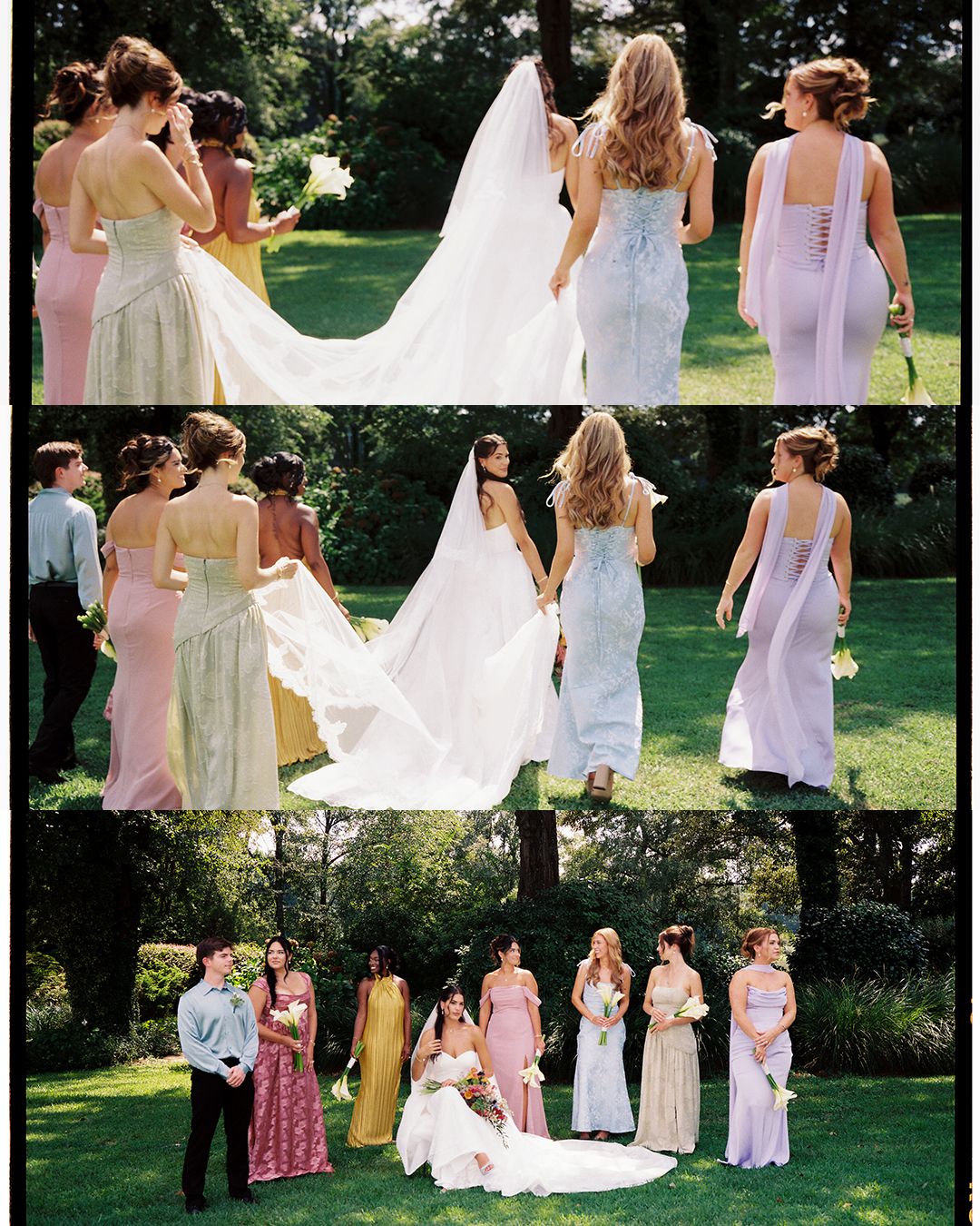 A wedding party gathers outdoors on a sunny day with bridesmaids in pastel dresses and a flowing white bridal gown.