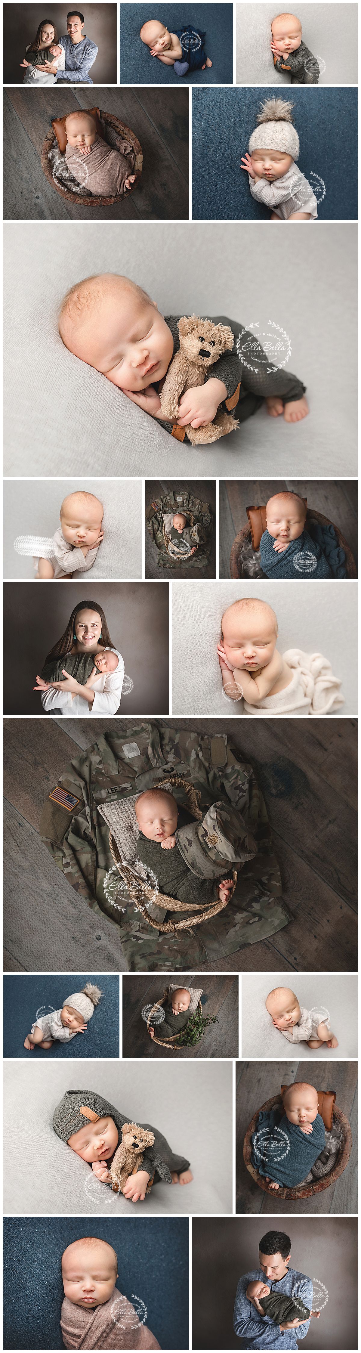 Collection of professional newborn photography portraits featuring sleeping babies with props like teddy bears and military uniforms.