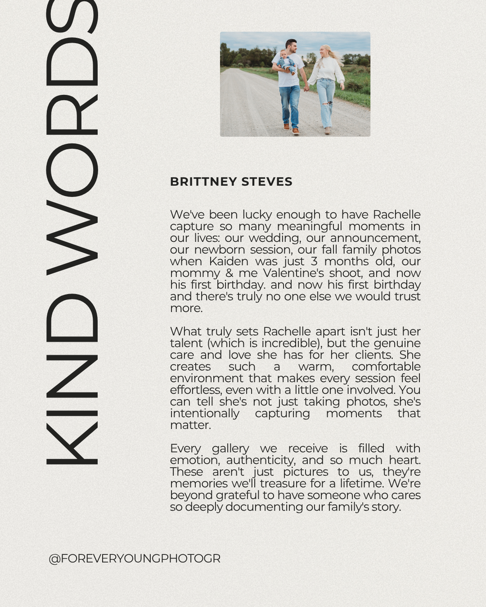 Kind Words testimonial from Brittney Steves praising photographer Rachelle for capturing their family milestones.