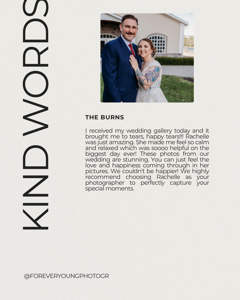 Kind Words wedding review from The Burns praising Rachelle's photography for their special day.